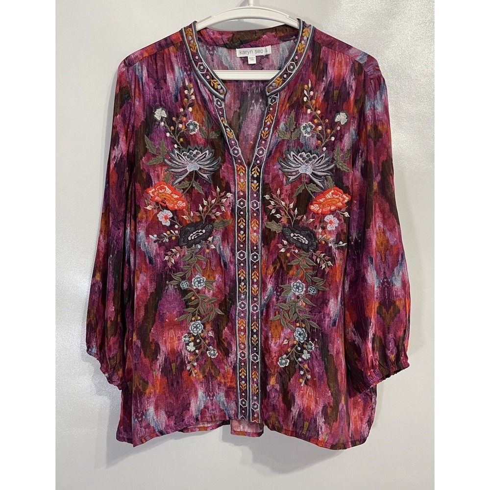 Karyn Seo Size Large Embroidered Top Tunic Multicolor Viscose 3/4 Sleeve